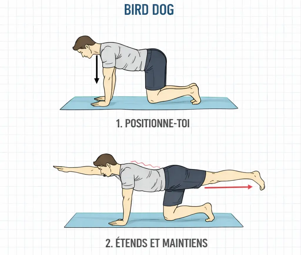 bird dog exercice de stabilité pour abdos débutants