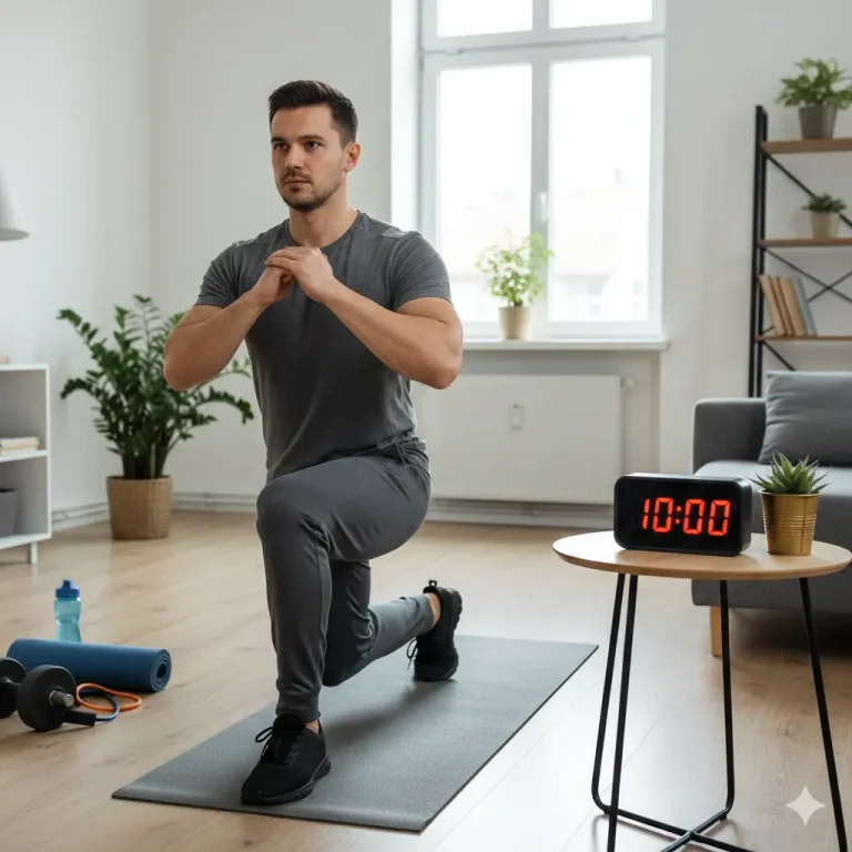 Une personne faisant du sport à la maison avec un chrono affichant “10:00”