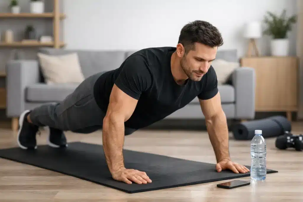 entraînement à domicile sans matériel homme en jogging fitness maison