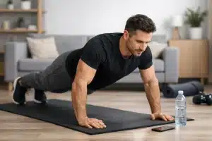 entraînement à domicile sans matériel homme en jogging fitness maison