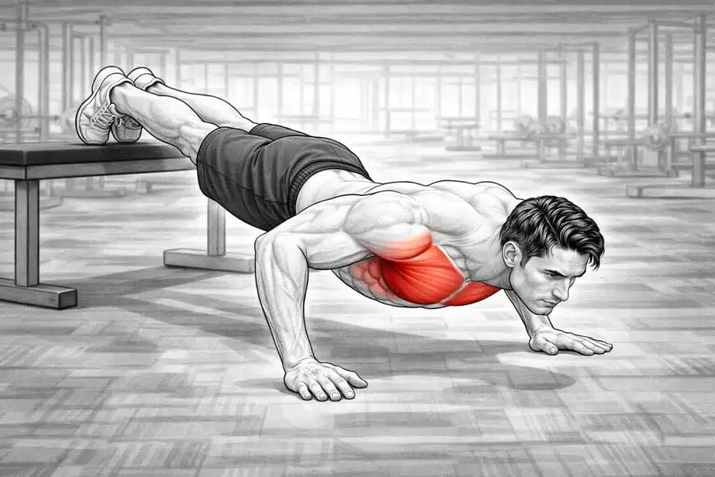 pompes inclinées pieds surélevés exercice haut pecs maison