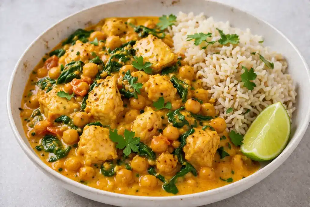 curry protéiné pois chiches et poulet au lait de coco allégé