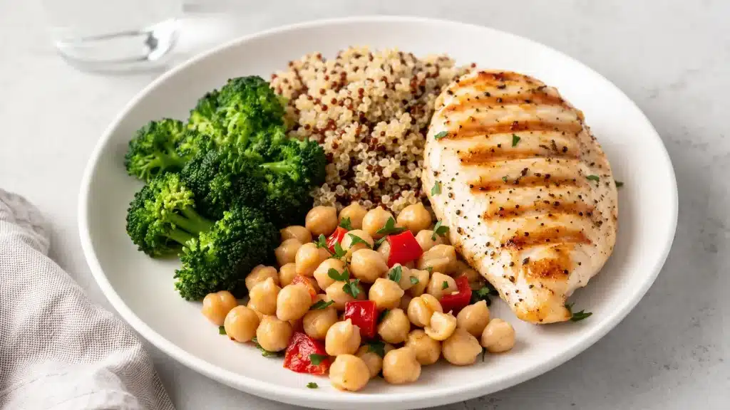 assiette de recettes protéinées avec poulet grillé quinoa et brocoli