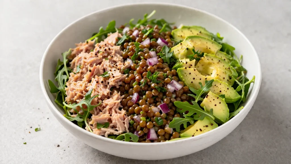 salade protéinée thon lentilles avocat pour repas sain et équilibré