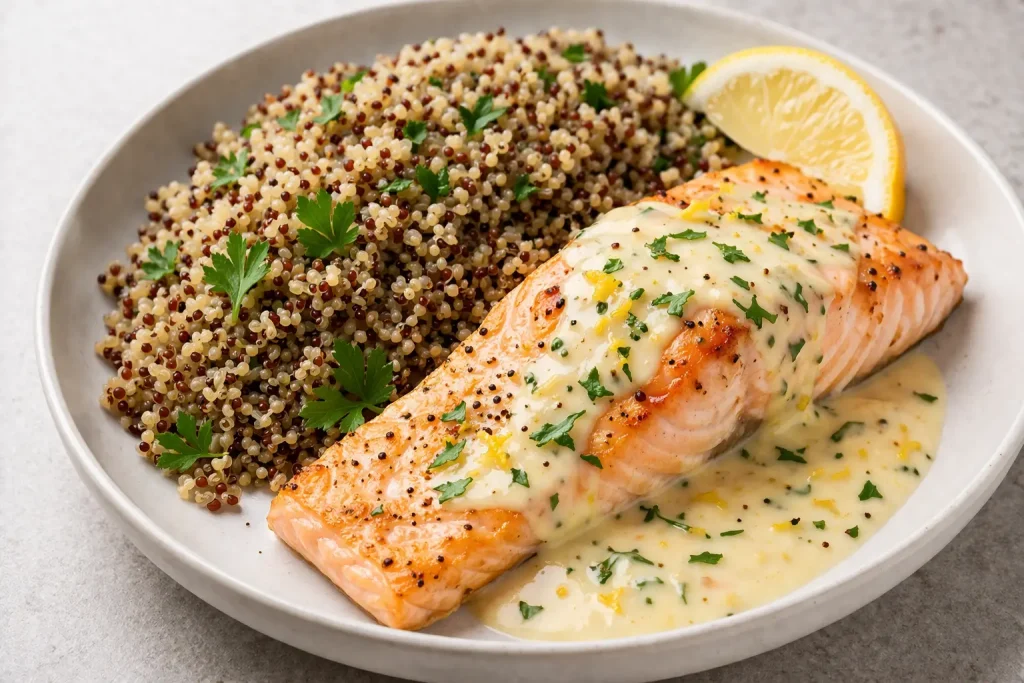 pavé de saumon avec quinoa et sauce citronnée recette protéinée