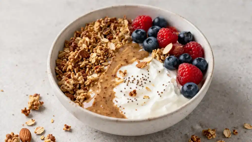 bowl de skyr granola maison et beurre d’amande riche en protéines