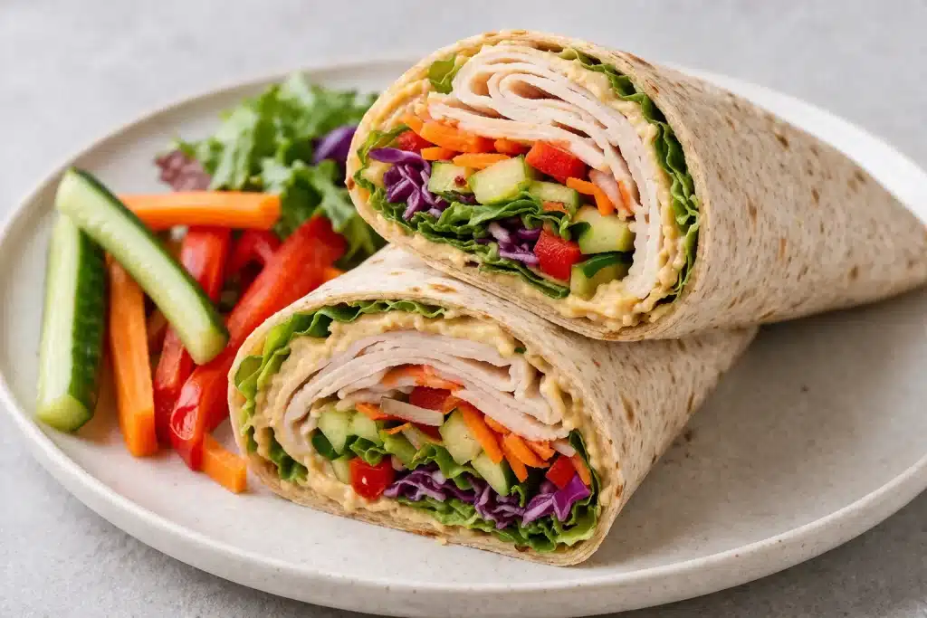 wrap protéiné à la dinde houmous et légumes croquants