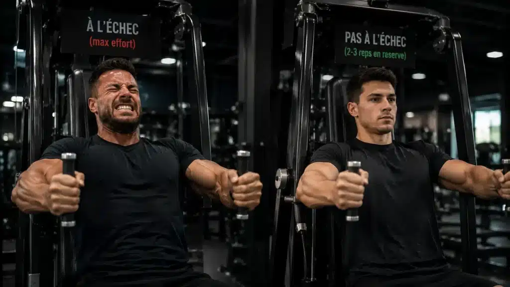 Comparaison entre un pratiquant allant à l’échec musculaire et un autre gardant des répétitions en réserve à la salle