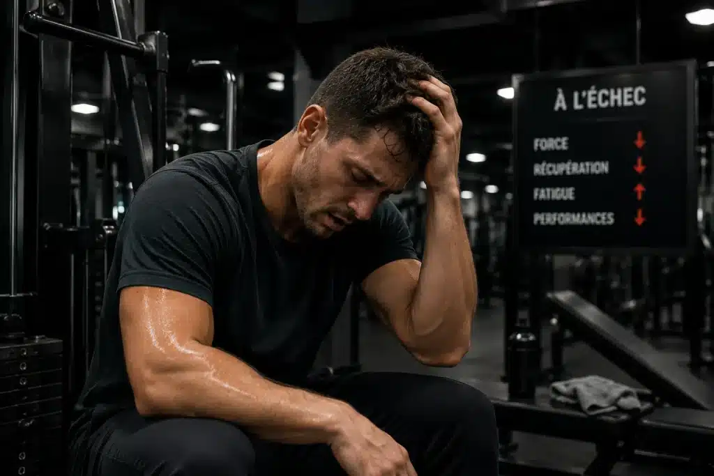Sportif épuisé en salle de musculation après des entraînements répétés à l’échec musculaire