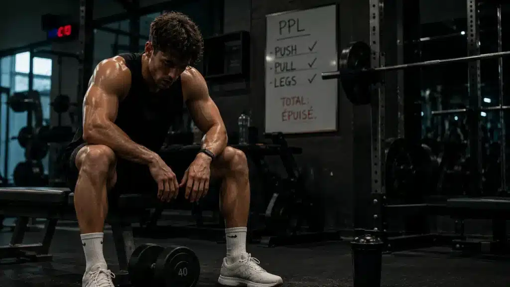 Homme épuisé après une séance intense de musculation en programme PPL