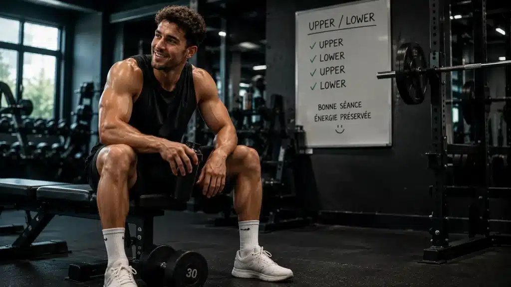 Sportif récupérant après une séance Upper Lower en salle de sport