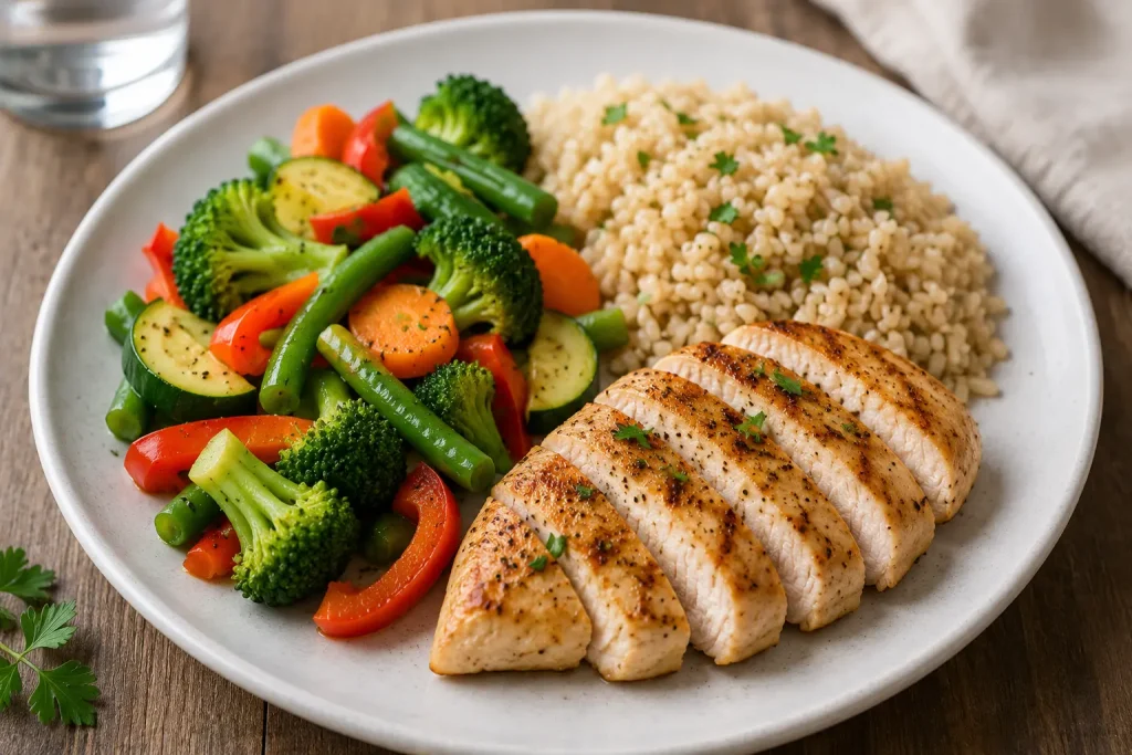 Repas équilibré favorisant la perte de poids avec protéines légumes et glucides complexes