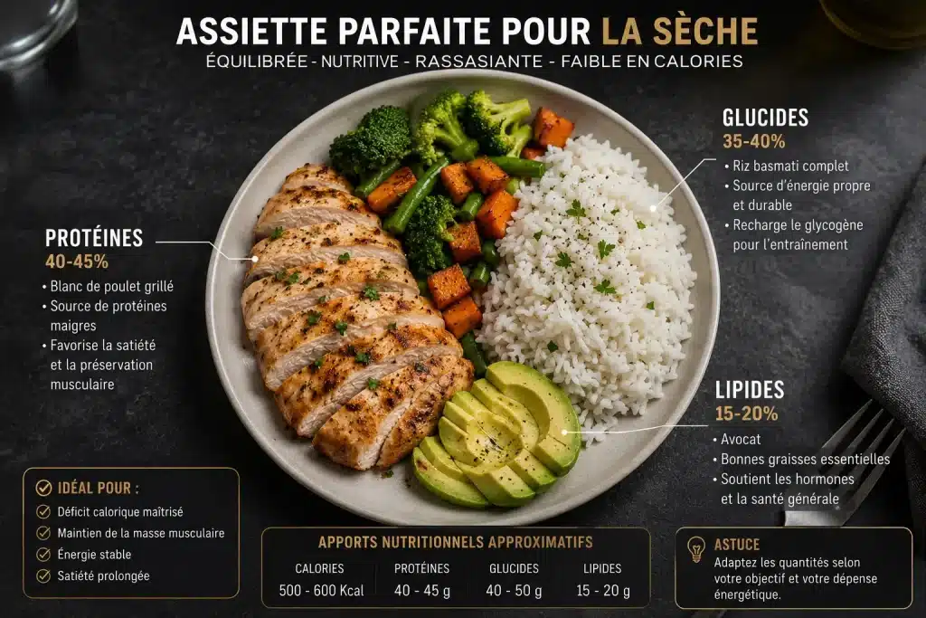 Repas riche en protéines et légumes adapté à une sèche en musculation pour préserver la masse musculaire
