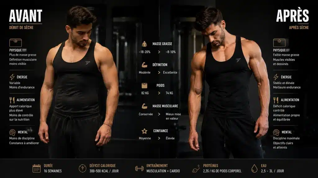 Transformation physique avant et après une sèche en musculation avec diminution visible du taux de graisse corporelle