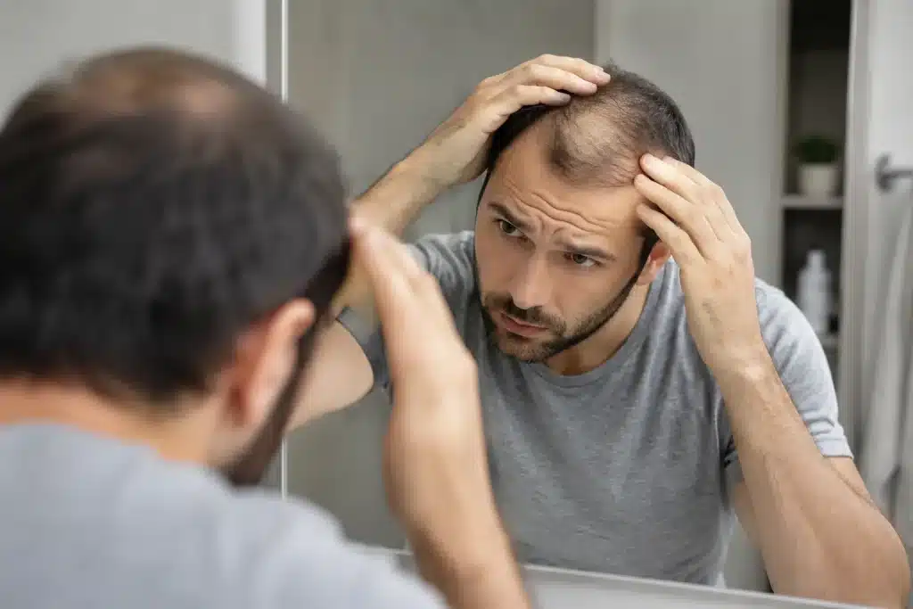 Homme inquiet observant une perte de cheveux devant son miroir