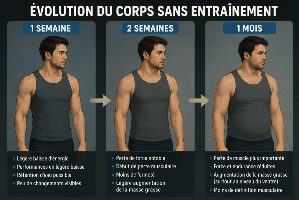 Chronologie montrant à partir de combien de temps la perte musculaire peut apparaître après un arrêt du sport