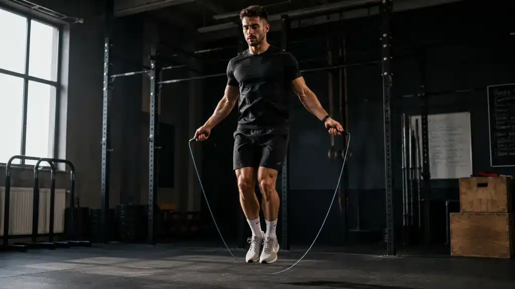 Sportif faisant de la corde à sauter, un exercice cardio très efficace pour brûler les graisses rapidement.