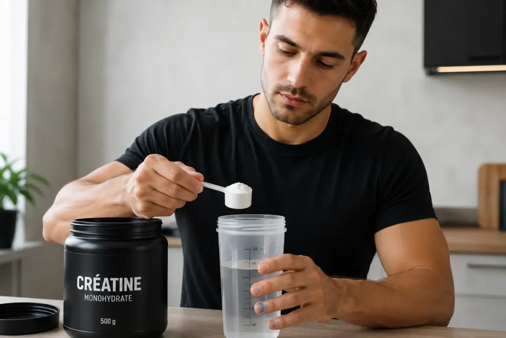 Homme mesurant une dose de créatine avec une cuillère doseuse avant de la mélanger à son shaker