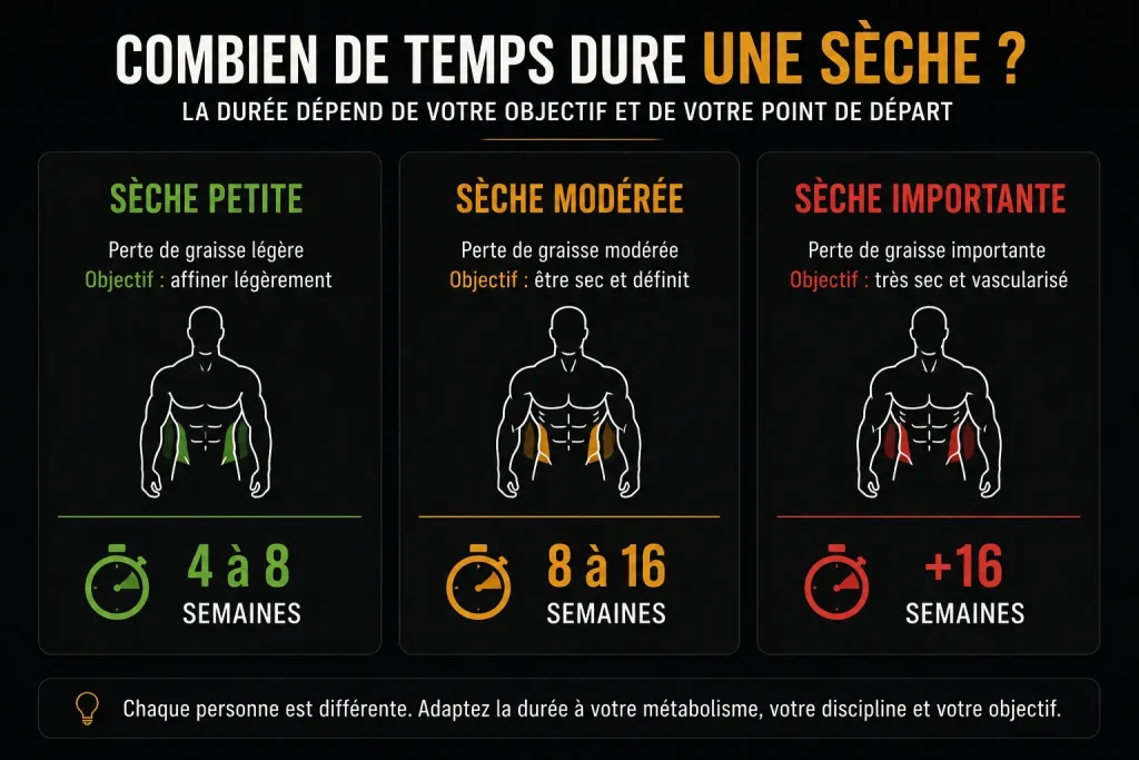 infographie expliquant combien de temps dure une sèche en fonction de l'objectif