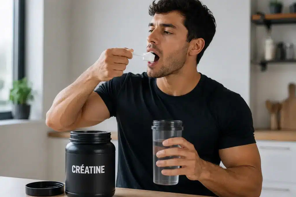 Homme consommant une dose de créatine avant son entraînement sportif