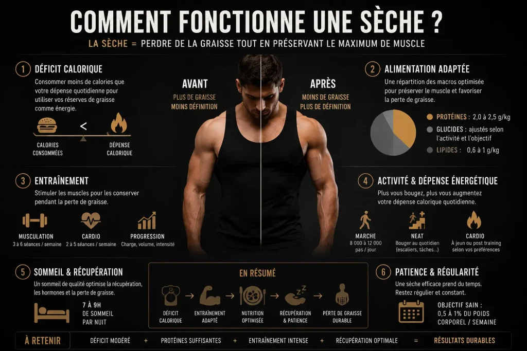 Infographie complète expliquant comment faire une sèche en musculation étape par étape