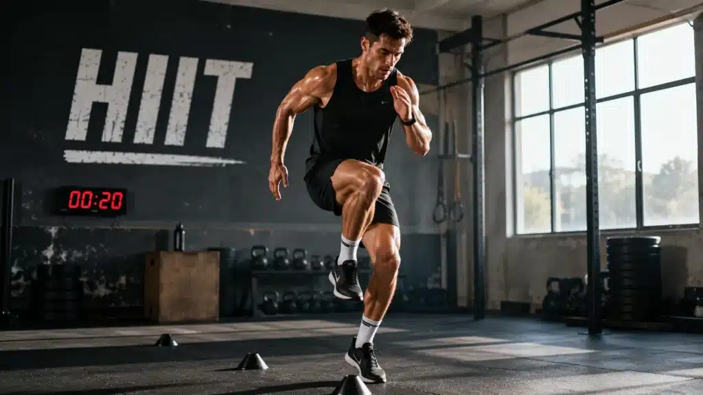 Athlète réalisant un entraînement HIIT, une méthode intensive reconnue pour brûler un maximum de calories.