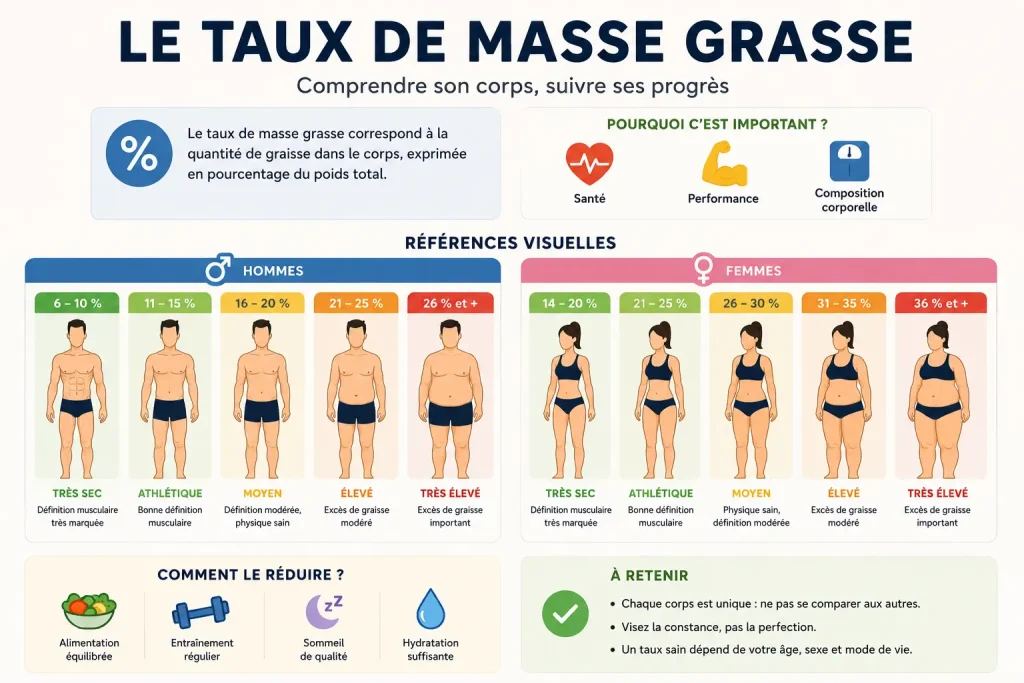 Infographie des différents taux de masse grasse par genre