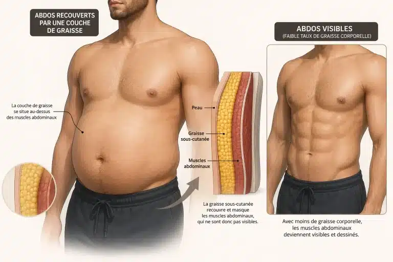 Illustration montrant comment la graisse abdominale peut masquer les muscles abdominaux