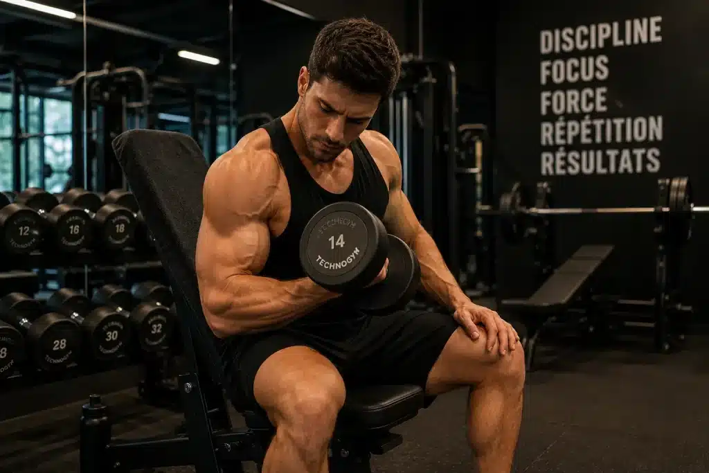 Homme effectuant une séance de musculation pour développer sa masse musculaire et favoriser la perte de gras.