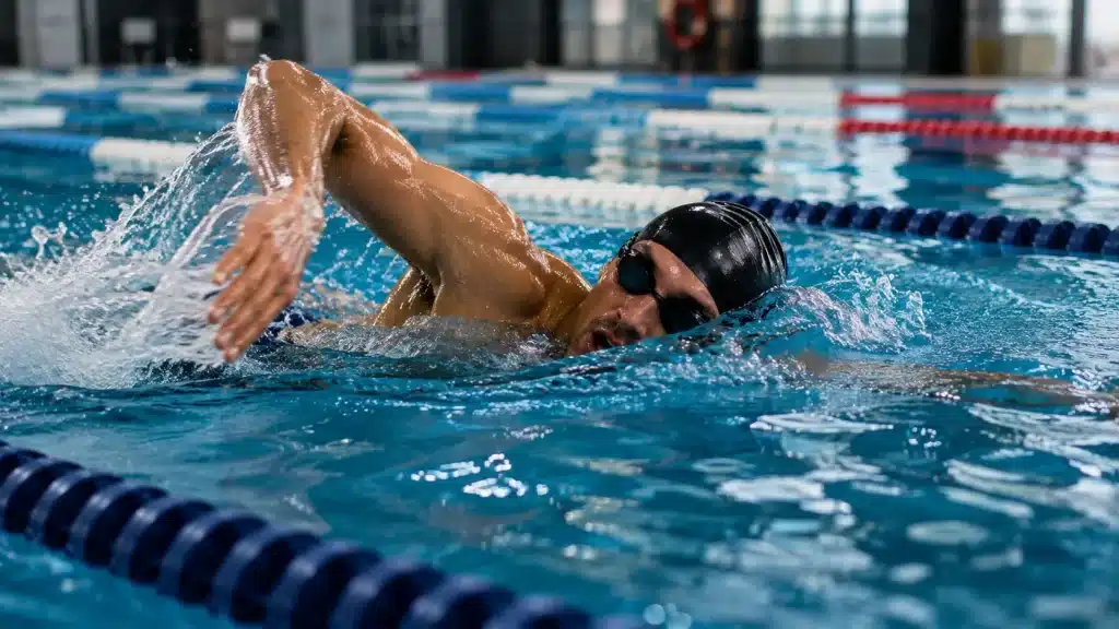 Nageur en pleine séance de natation, une activité complète idéale pour perdre du gras et améliorer l'endurance.