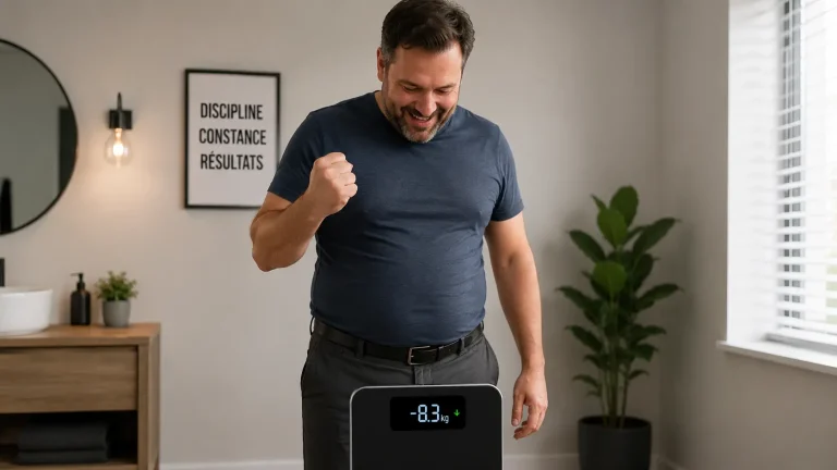 Personne suivant sa perte de poids sur une balance après un mois de régime et d'activité physique