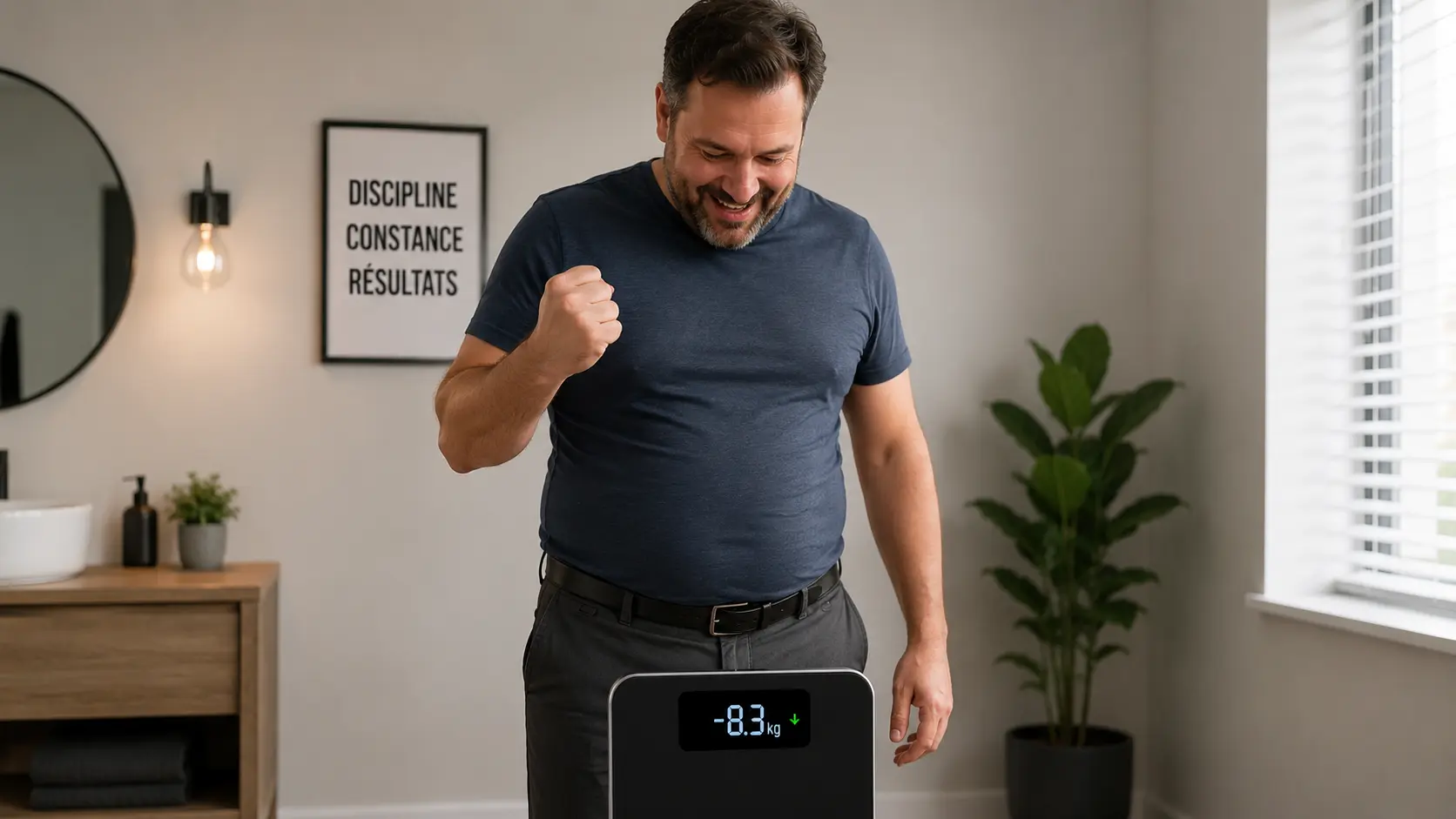 Personne suivant sa perte de poids sur une balance après un mois de régime et d'activité physique