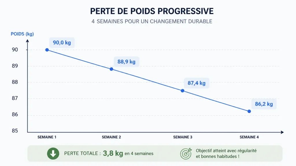Graphique représentant une perte de poids progressive sur un mois grâce à un déficit calorique