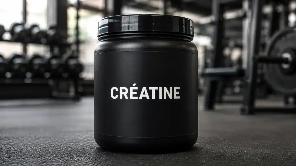 Pot de créatine monohydrate en poudre utilisé comme complément alimentaire