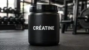 Pot de créatine monohydrate en poudre utilisé comme complément alimentaire