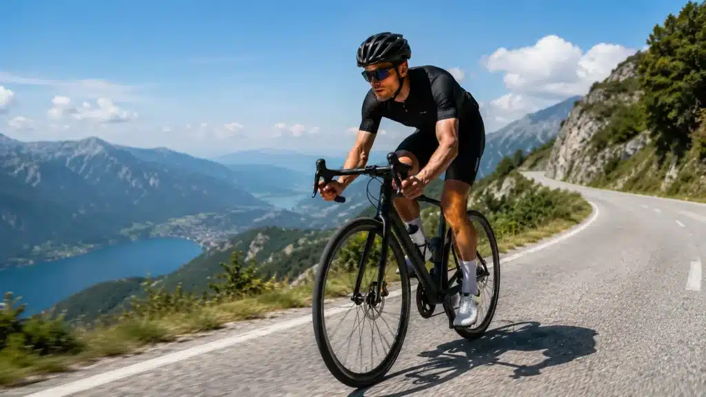 Cycliste sur route pratiquant le vélo, un excellent sport d'endurance pour favoriser la perte de graisse.