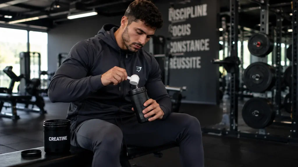 Sportif en tenue de jogging préparant une dose de créatine pendant sa séance de musculation