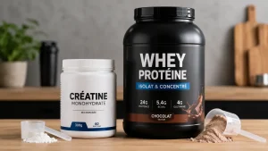 Pot de créatine et pot de whey protéine côte à côte pour comparer les deux compléments alimentaires