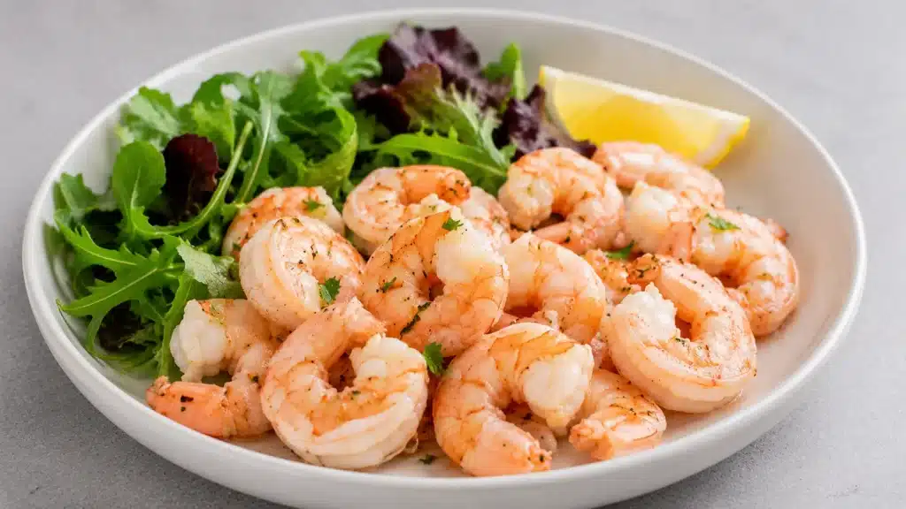 Crevettes cuites, fruits de mer riches en protéines et pauvres en calories