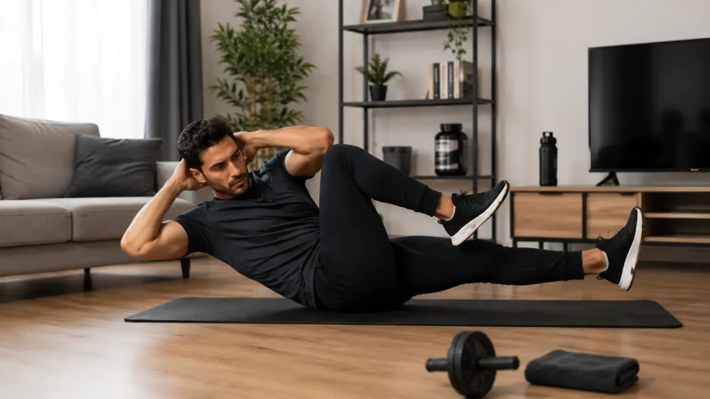 Homme réalisant un exercice de renforcement des abdominaux à la maison en complément de la marche pour perdre du ventre