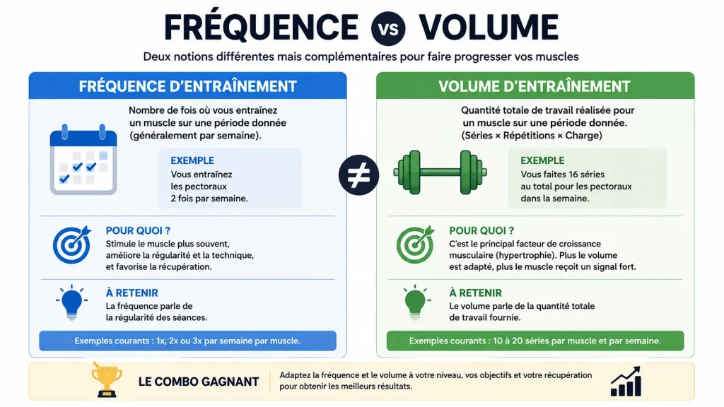 Infographie comparant la fréquence et le volume d’entraînement en musculation