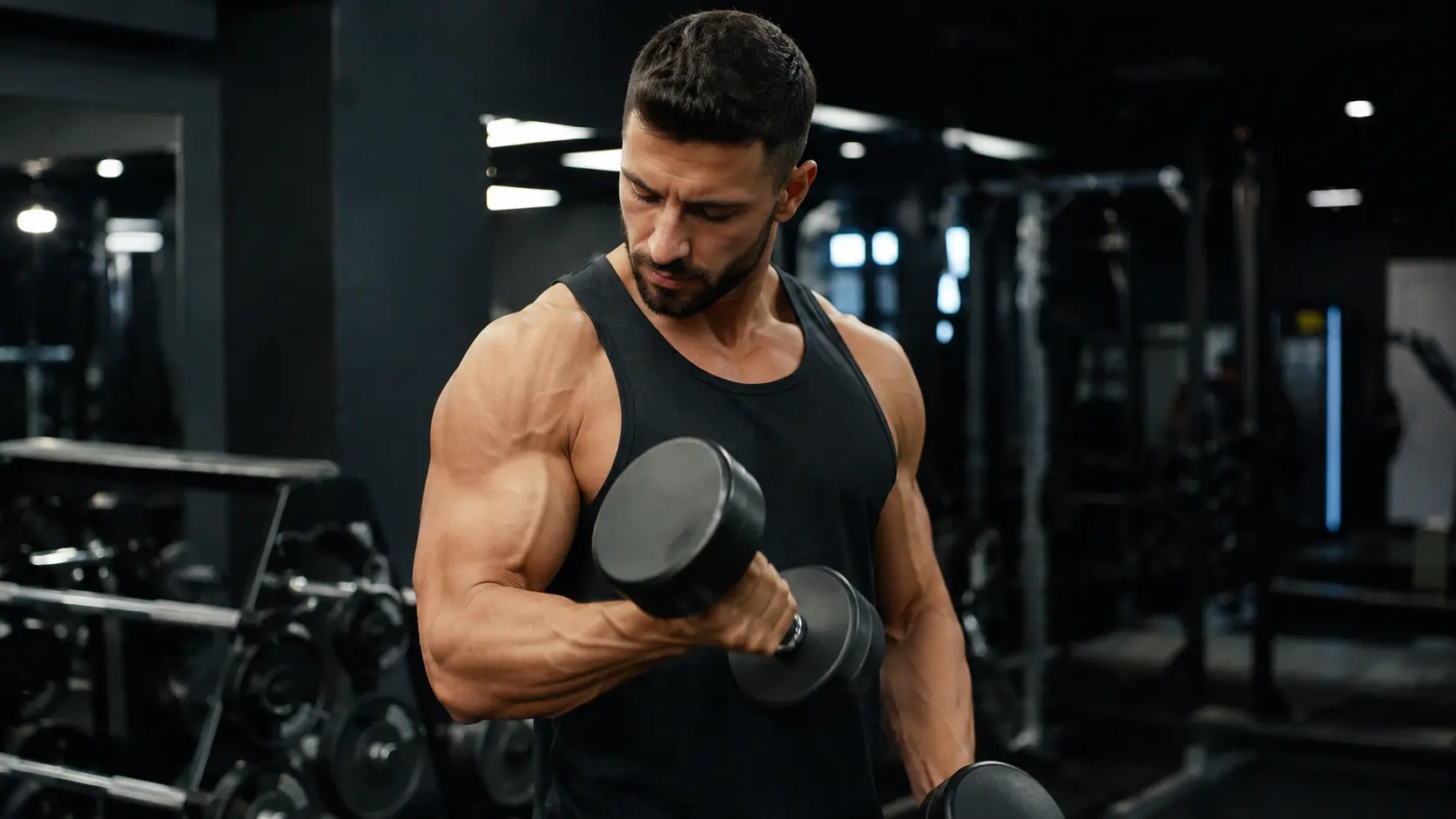 Homme réalisant des curls avec haltères pour entraîner ses biceps plusieurs fois par semaine