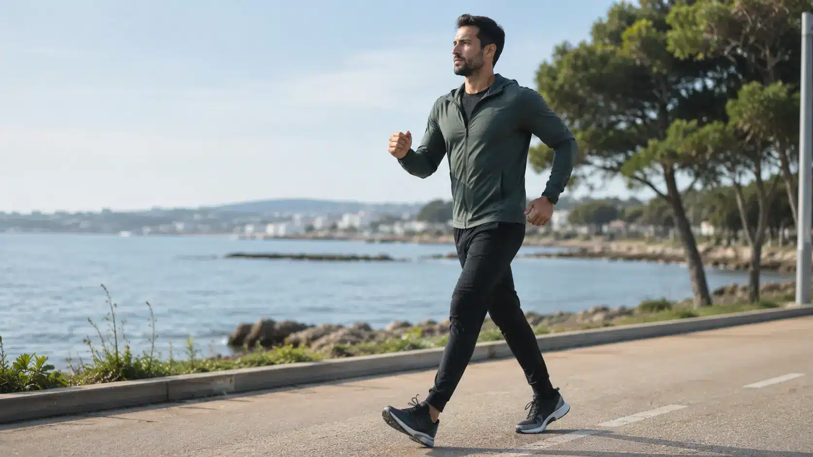 Homme pratiquant la marche sportive en extérieur pour favoriser la perte de graisse abdominale