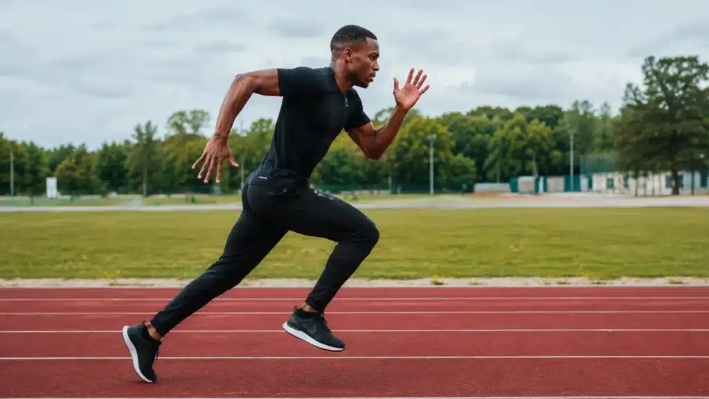 Homme effectuant un sprint explosif en extérieur pour améliorer les performances physiques et la réponse hormonale