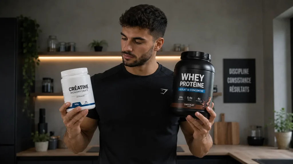 Homme comparant un pot de créatine et un pot de whey protéine pour choisir le complément le plus adapté