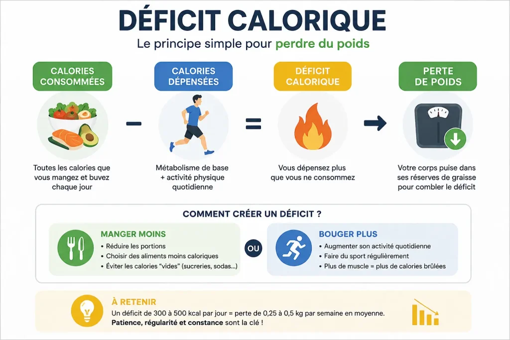 Infographie expliquant le principe du déficit calorique pour favoriser la perte de ventre et de poids