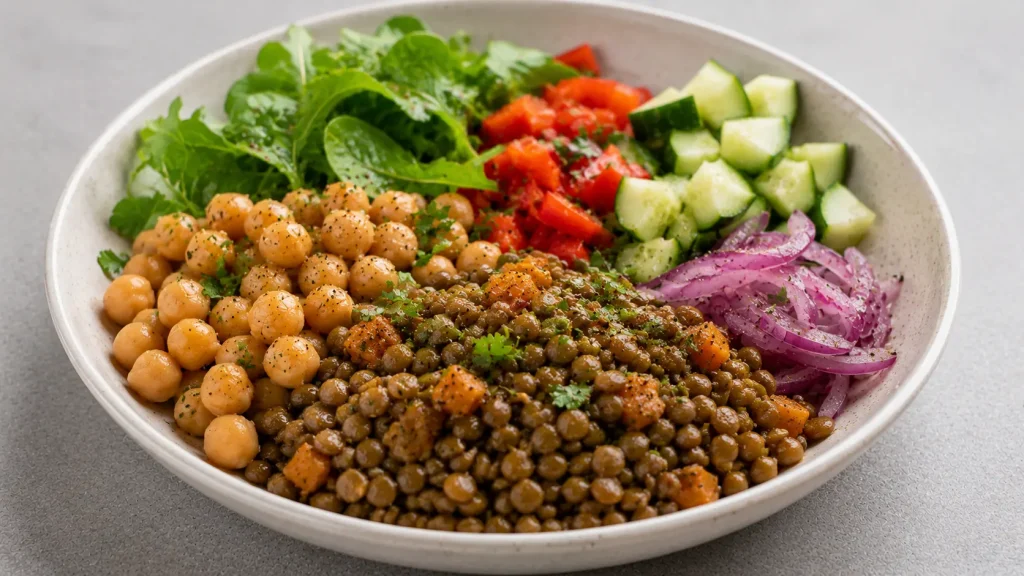 Bol de lentilles et pois chiches, légumineuses riches en protéines et en fibres
