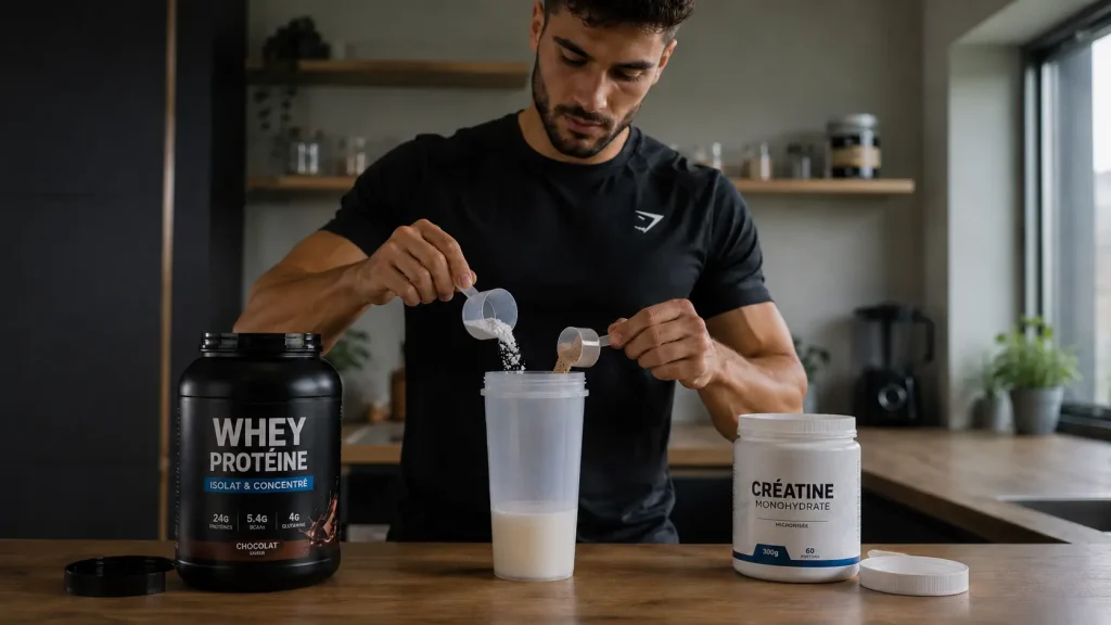 Homme mélangeant de la créatine et de la whey dans un shaker avant son entraînemen