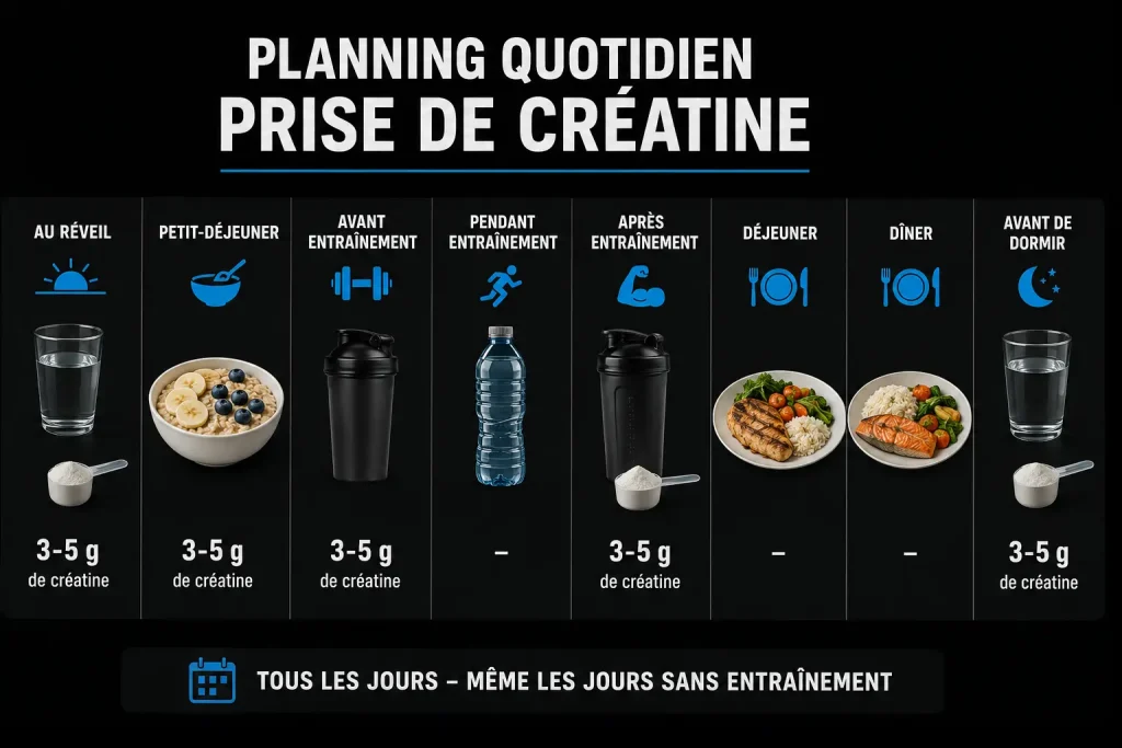Illustration du planning quotidien de prise de créatine les jours avec et sans entraînement