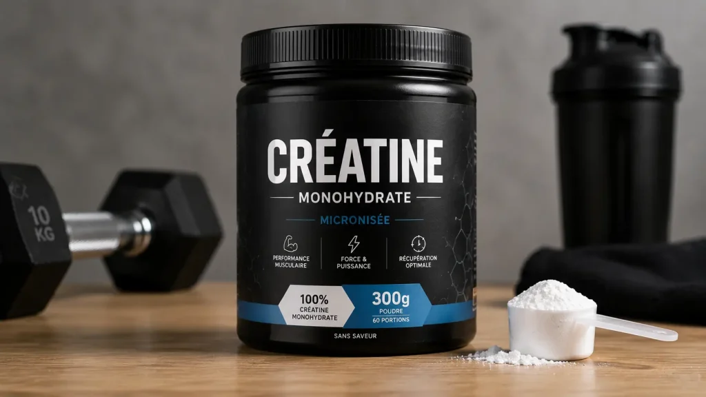 Pot de créatine monohydrate en poudre pour améliorer la force et les performances sportives
